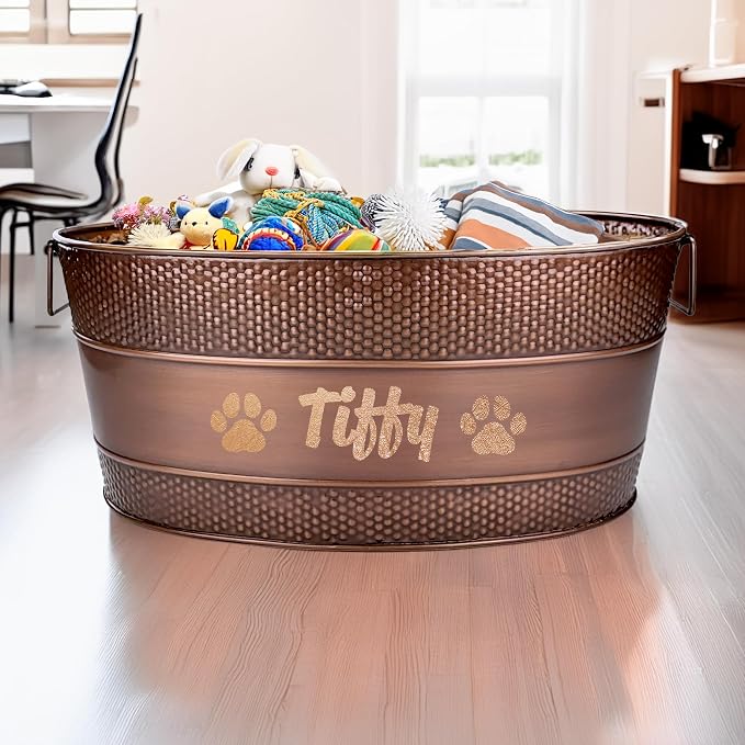 BREKX Personalized Copper Metal Dog Toy Storage Bin with Handles, Large - Image 3
