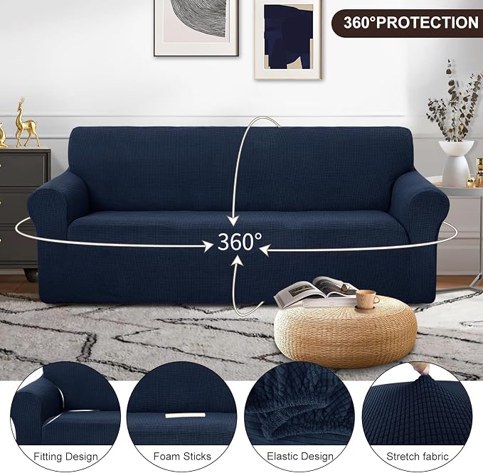 U-NICE HOME Oversized Stretch Couch Cover Slipcover, Navy | 3 Cushion Sofa, 1-Piece Sofa cover, Washable, Pet friendly, Furniture protector, Polyester Spandex Jacquard fabric - Image 3