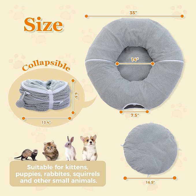 PEQULTI Cat Donut Tunnel with Bed for Indoor Cats, Cat Play Tunnel with Washable Soft Plush Mat, Round Tube Toys Cute Tube for Kittens, Puppies, Rabbits and Ferrets, Grey - Image 3