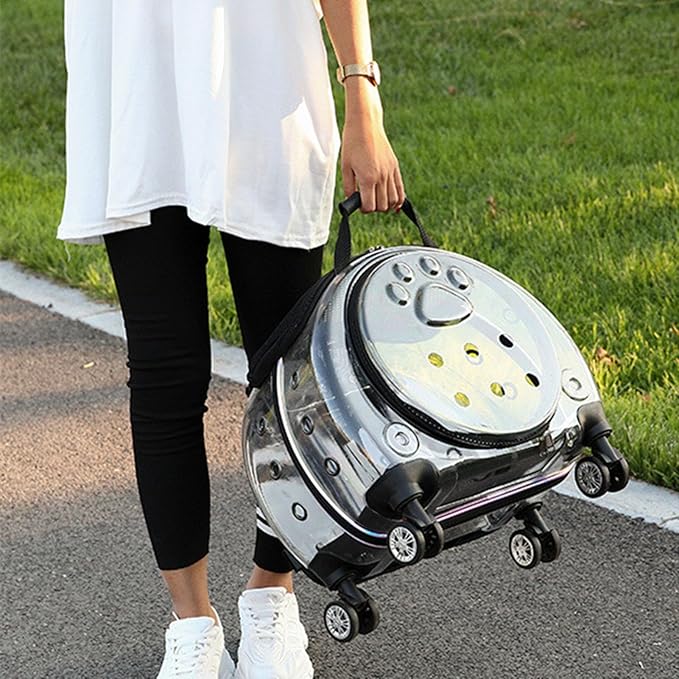 Pet Trolley Case with Upgraded Detachable Silent Wheels, Clear Ventilation Holes Cat Dog Carrier, Cat Dog Carrier with Telescopic Handle, Perfect for Traveling/Taking a Walk Black