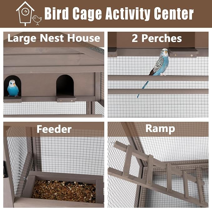 Ketive Flight Bird Cage Outdoor Large Wooden Bird Aviary Parrot Cage for Parakeet, Finches and Any Small Birds - Pull Out Wire Netting, Slide-Out Tray, 2 Perches, Nest House, 4 Wheels Include, Grey - Image 6