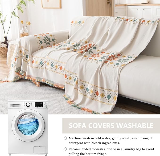 Beige Boho Couch Cover Chenille Sofa Cover Blanket Washable, 71"x150" | Bohemian Style Furniture Protector, For 3 Cushion Couch & Sectional, Living Room Sofa Decor, Geometric Jacquard, Tassel Trim - Image 5