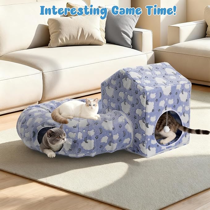 Pawaboo Cat Tunnel Bed for Indoor Cats, Cute Cat Donut Tunnel with Square House, Peekaboo Pet Cave Play Tunnels with Cave for Kitten/Rabbit, Basic Soft Blue - Image 5