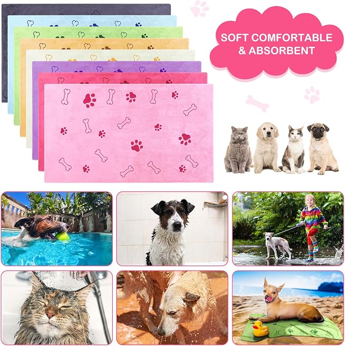 Chumia 8 Pcs Microfiber Dog Towels for Drying Dogs Cats 18 x 28 Inch Pet Towels Bulk for Medium Puppy Absorbent Fast Drying Paw Bath Bathing Supplies for Pets(Dog Paw and Bone,Sweet Color) - Image 5