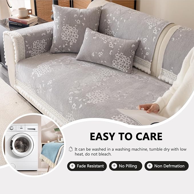 DREAMINGO Couch Backrest Cover, Grey Floral Couch Slipcover Jacquard Chenille Sofa Covers Washable for Pet Kid Non Slip Furniture Protector for Living Room, 35.4"x35.4" - Image 7