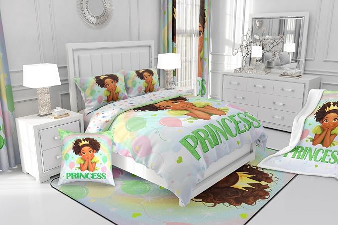 Manfei Black Princess Comforter Set Full Size 3 Pcs,Green Love Hearts Rainbow Balloon Kawaii Bedding Set,Dreamy Girl Fairy Tale Theme Frog Golden Crown Quilt Set for Teens Girls Room,2 Pillowcases - Image 6