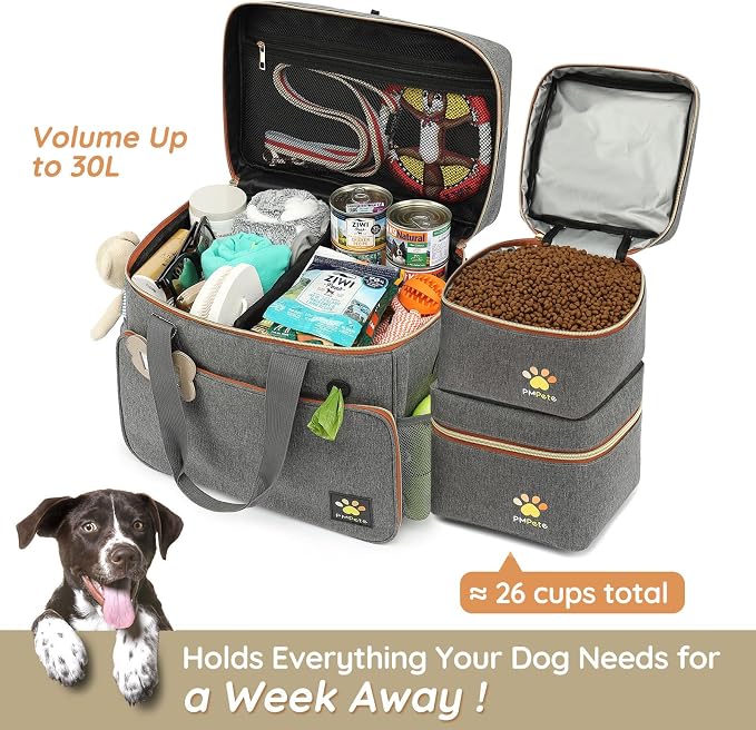 Dog Travel Bag for Traveling| Week Away/Overnight Dog Travel Accessories with Multi-Function Pockets| Travel Set for Dogs and Cats|Ideal Pet Diaper Bag and Pet Gift Kit(Grey) - Image 6