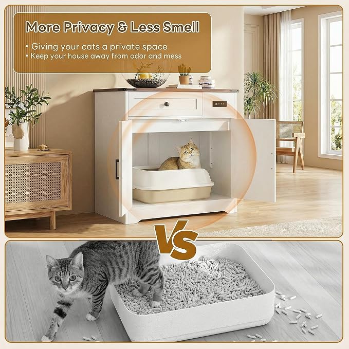 LIKIMIO 31.5" Cat Litter Box Enclosure with LED Odor Control | LED odor-control system under 30dB. Hinged cat entrance. Storage drawer. 31.5"L x 19.7"W x 31.3"H. - Image 7