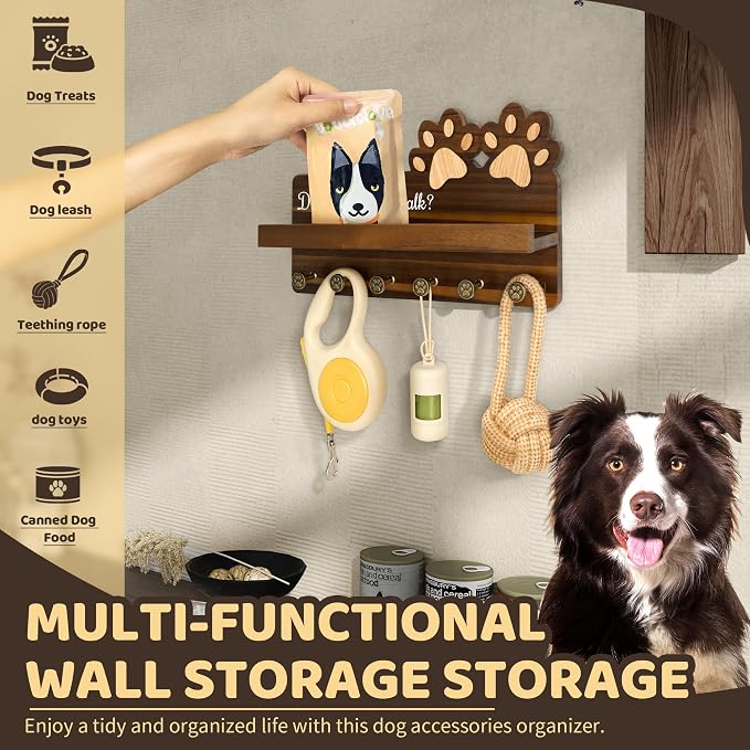 MTERSN Dog Leash Holder for Wall with Shelf – Wooden Key Holder Wall Mount with 6 Hooks & Floating Shelf – Cute Farmhouse Home Decor for Entryway, Living Room, Kitchen Decor(Dark Acacia) - Image 3