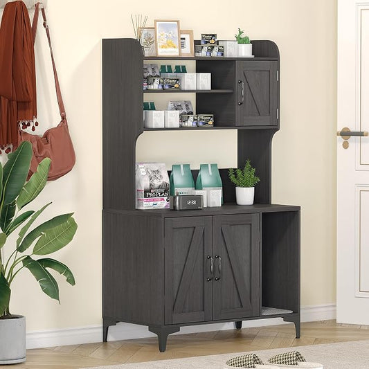 IDEALHOUSE Cat Litter Box Enclosure with Shelves and Doors,Wood Sturdy Hidden Litter Box Furniture,Indoor Cat House Furniture for Most of Litter Box,Litter Box Cabinet,Walnut Color by IDEALHOUSE