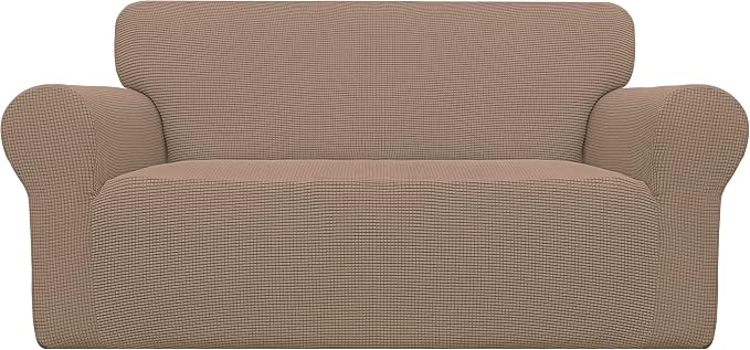 Easy-Going Stretch Loveseat Couch Covers Washable Camel | 1-Piece Loveseat Covers for 2 Cushion Couch Furniture Protector RV Sofa Slipcover Soft with Bottom for Kids Pets by Easy-Going