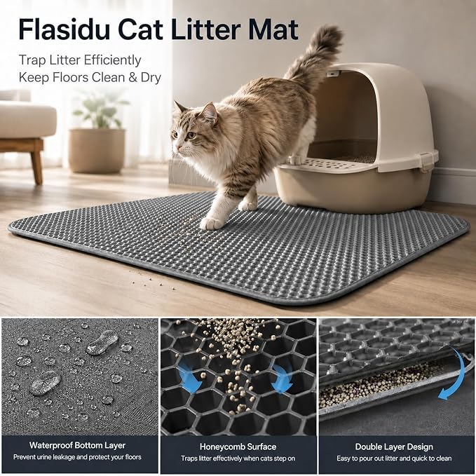 Cat Litter Box Mat Double Layer Trapping Mat Easy-Clean Waterproof Urine Proof(Gray 30x22in) - Image 2