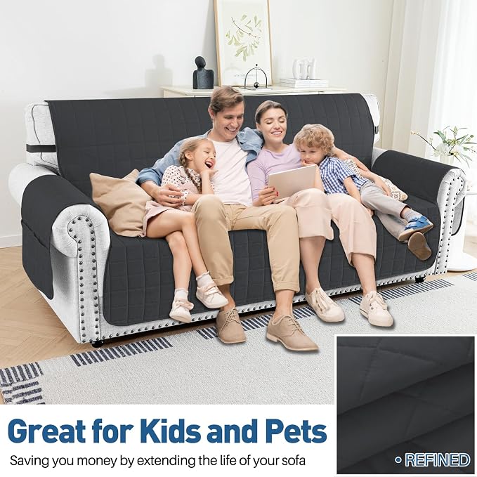 MAXIJIN Waterproof Oversized Couch Covers for 3 Cushion Couch, 79" Quilted Sofa Covers Washable Pet Dog Couch Cover Protector with Elastic Strap & Side Pocket (Large Sofa, Black) - Image 4