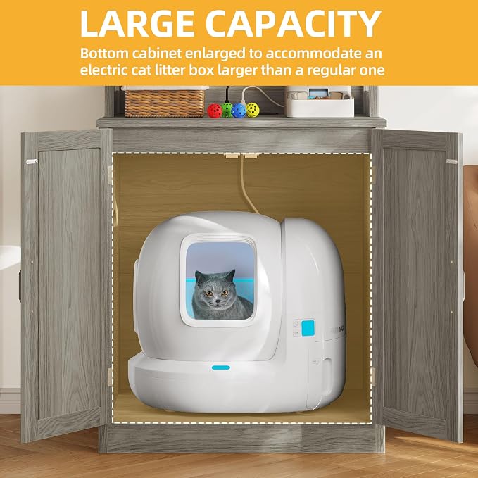 DWVO Large Hidden Litter Box Furniture with Shelves and Charging Station | Wooden Enclosure for Self-Cleaning Litter Boxes, Grey - Image 4