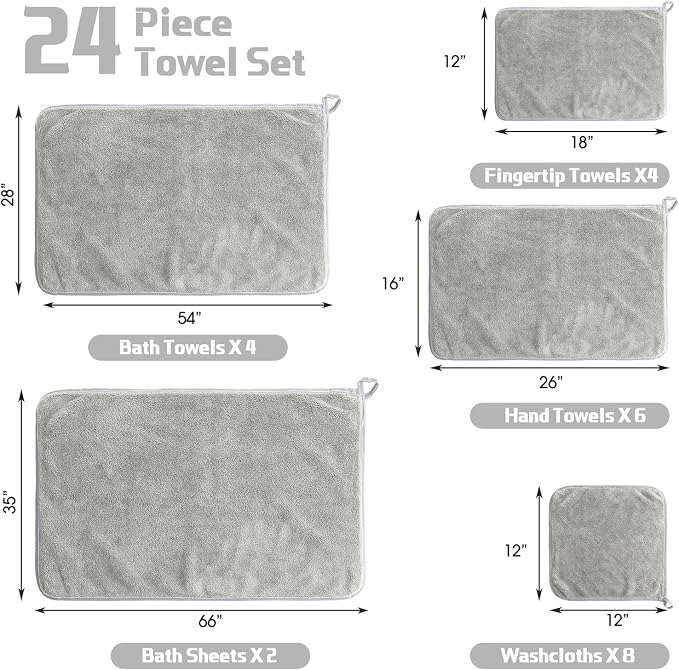 Mixweer 24 Piece Light Grey Microfiber Absorbent Towel Set: 2 Oversized Bath Sheets, 4 Bath Towels, 6 Hand, 8 Washcloths, 4 Fingertip for Bathroom Spa Gym Camping Beach - Image 5