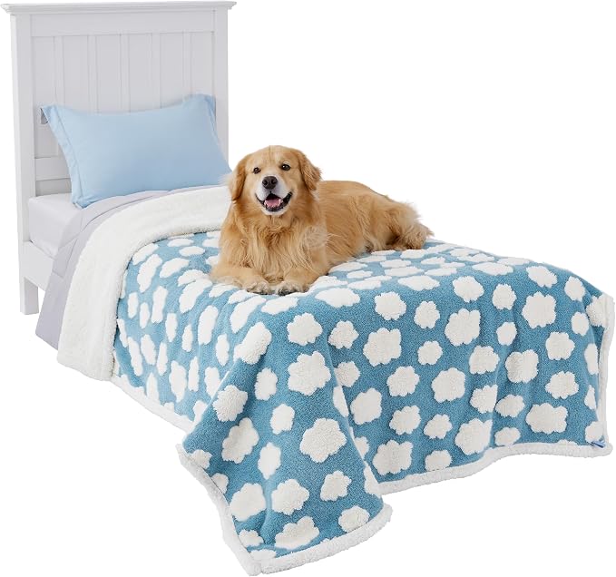 LE SURE Waterproof Blanket for Bed Cute Cozy 3D Jacquard, Twin（60x80） | Dog Blankets for Large Dogs, Pet Aesthetic Gift, Warm Soft Sherpa Throw, Reversible Couch Protector, Clouds Blue by Lesure