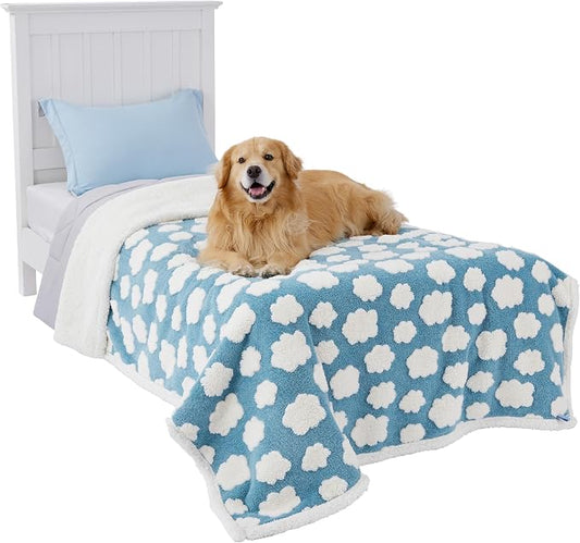 LE SURE Waterproof Blanket for Bed Cute Cozy 3D Jacquard, Twin（60x80） | Dog Blankets for Large Dogs, Pet Aesthetic Gift, Warm Soft Sherpa Throw, Reversible Couch Protector, Clouds Blue by Lesure