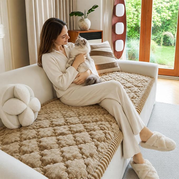 Deep Dream Couch Covers for Dogs Washable, Non-Slip Fuzzy Pet Sofa Protector, Soft Thick Fabric Couch Cover for 3 Cushion Sofa, for Pet Family (Camel, 27.6" x 70.9") - Image 3