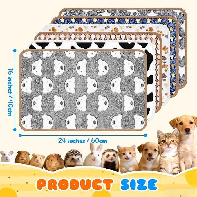 Eilyliafe 6 Pcs Guinea Pig Bedding Cage Liners Small Animal Flannel Blankets Sleep Mat Absorbent Reusable Pet Pee Bedding Pad Cover for Hamster Ferret Chinchilla Rabbit Hedgehog (16 x 24 Inch, Multi) - Image 2