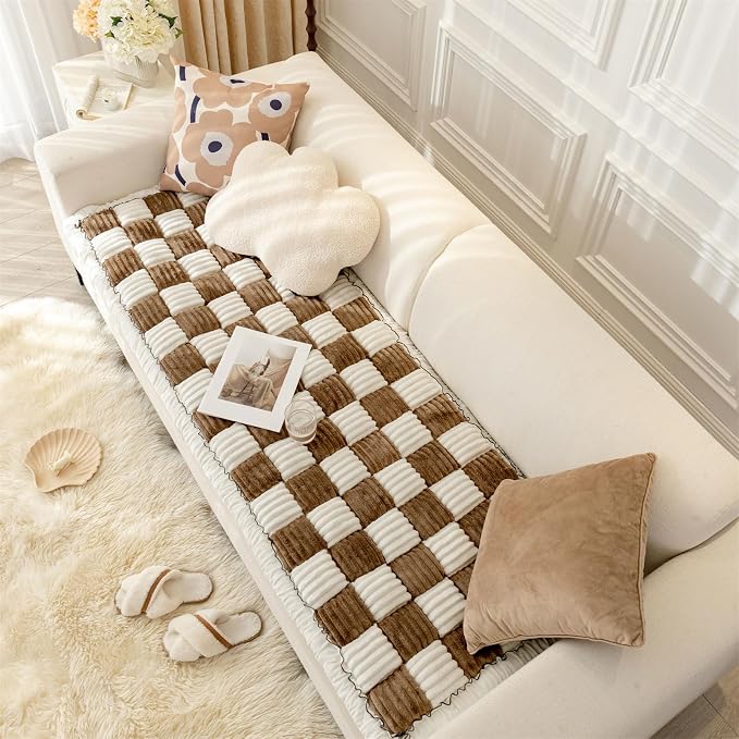 Fuzzy Couch Cover for Dog, Modern White Brown Checkered Couch Cushion Cover | Non Slip Couch Cover for 2 Cushion Couch Sofa Pet Friendly, Washable Sofa Cover Durable Anti-pilling Furniture Protector - Image 8