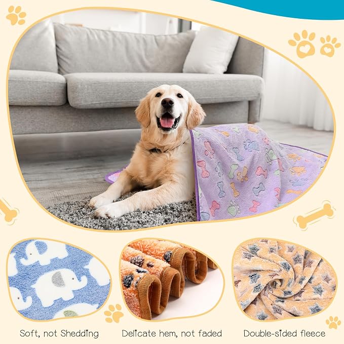 Tatuo 12 Pieces 41 x 30 Inch Dog Blanket Super Soft Warm Cat Sleep Mat Pet Kitten Doggy Fluffy Fleece Blankets with Cute Dog Paw Bone Star Elephant Patterns Printed Fluffy Blanket for Small Cat Puppy - Image 3