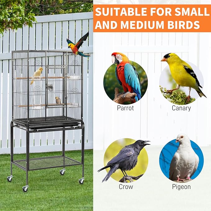 VINGLI 53-inch Bird Cage with Wheels, Durable Wrought Iron Parakeet Cage with Slide Out Tray, Black Bird Cages for Parakeets/Lovebird/Cockatiels/Budgies and Other Small/Medium Birds (Black, 53 inch) - Image 6