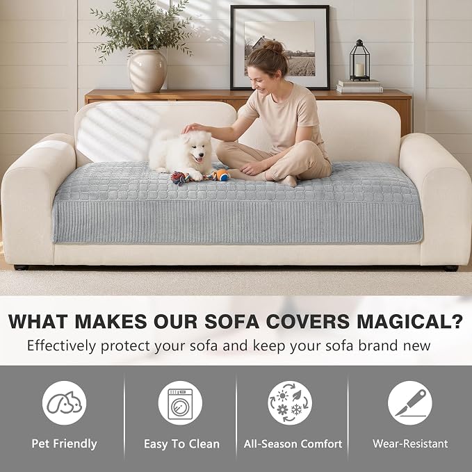 OHSIO Soft Plush Couch Cover for Sofa, Washable Milk Velvet Sofa Slipcover, Non-Slip Furniture Protector for 1 2 3 Seater Couch, Dogs, Pets and Kids(Light Gray, 35.43'' x 70.87'') - Image 3