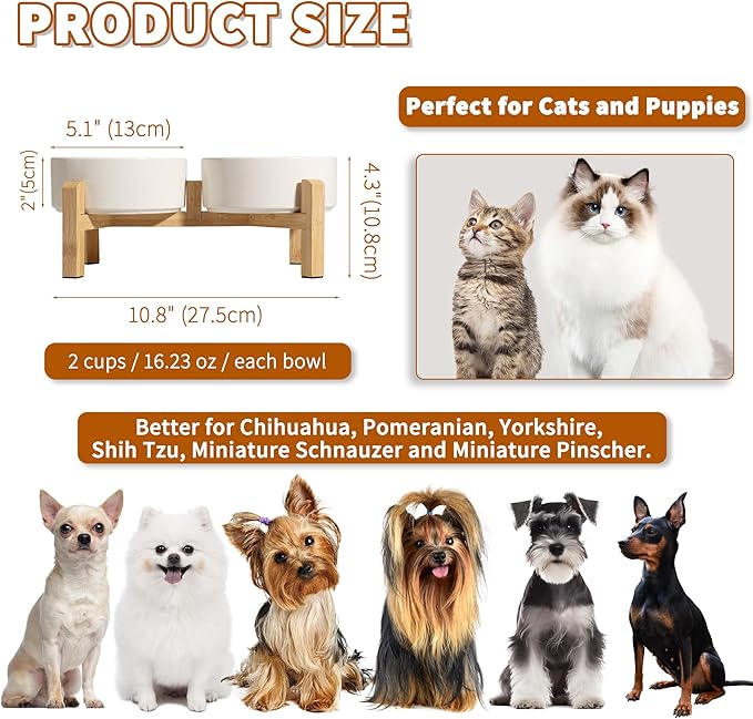 Elevated Ceramic Dog Bowl Set - Raised Feeding Bowls with Non-Slip Bamboo Stand - Small Pet Dishes for Food and Water - Ideal for Cats and Puppies - 16.23 OZ - 2 Cups - 480 ML | 5.1'' Double Dog Feeding Dishes, Non-Slip Raised Dog Feeder for Cats and P... - Image 2