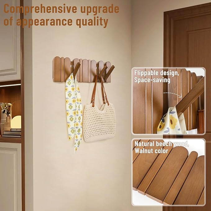 Wall Coat Rack for Entryway: Wooden Modern Heavy Duty 6 Hooks | Foldable Wall Mounted for Small Spaces Entryway Bathroom for Hanging Jacket Towel Backpack - Space Saving Home Decor - Image 3