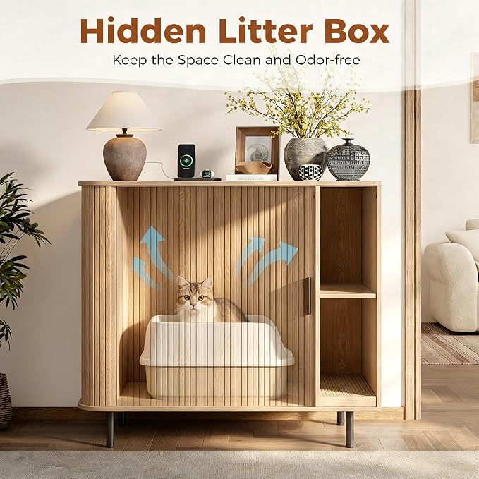 Large Cat Litter Box Enclosure with Scratch Pad, 42.6'' Hidden Litter Box Furniture for Automatic self-Cleaning Litter Boxes, Sliding Door, Adjustable Shelf for Dog Proof, Charging Station, Natural - Image 8