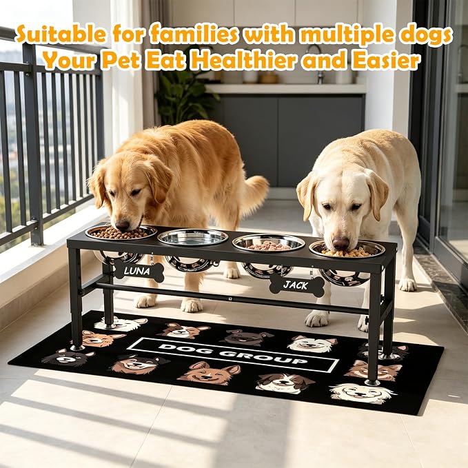 4-Bowl Elevated Dog Bowl Stand – 4 Adjustable Heights with 58oz/1700ml Stainless Steel Bowls & Splash Pad for Medium & Large Breeds, Multi-Pet Households - Image 3