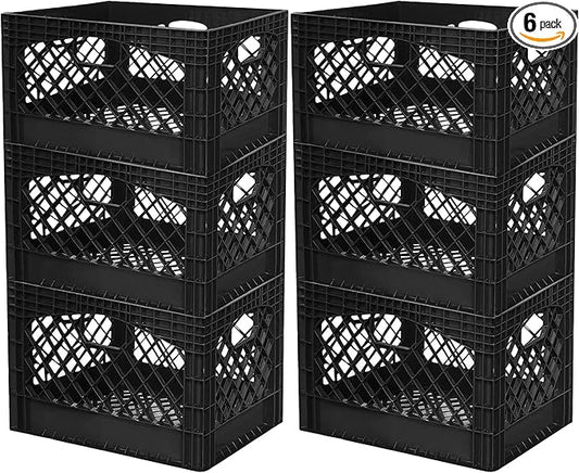 Juggernaut 6 Pack 24 Quart Storage Crate, Milk Crate Plastic Basket | 4 Handles, Organizer Bins for Office Storage & Classroom Organization, Black by JuggernautStorage