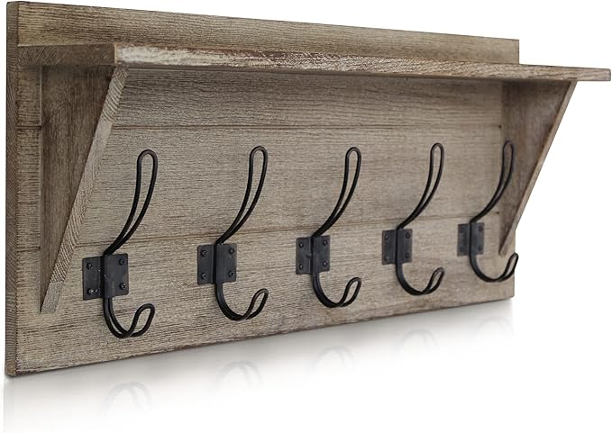 HBCY Creations Rustic Wall Mounted Coat Rack with Shelf - Solid Wood 24" Entryway Shelf with 5 Coat Hangers. Perfect Touch for Your Entryway, Mudroom, Kitchen, Bathroom and More, Weathered Brown by HBCYCreations