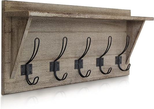 HBCY Creations Rustic Wall Mounted Coat Rack with Shelf - Solid Wood 24" Entryway Shelf with 5 Coat Hangers. Perfect Touch for Your Entryway, Mudroom, Kitchen, Bathroom and More, Weathered Brown by HBCYCreations