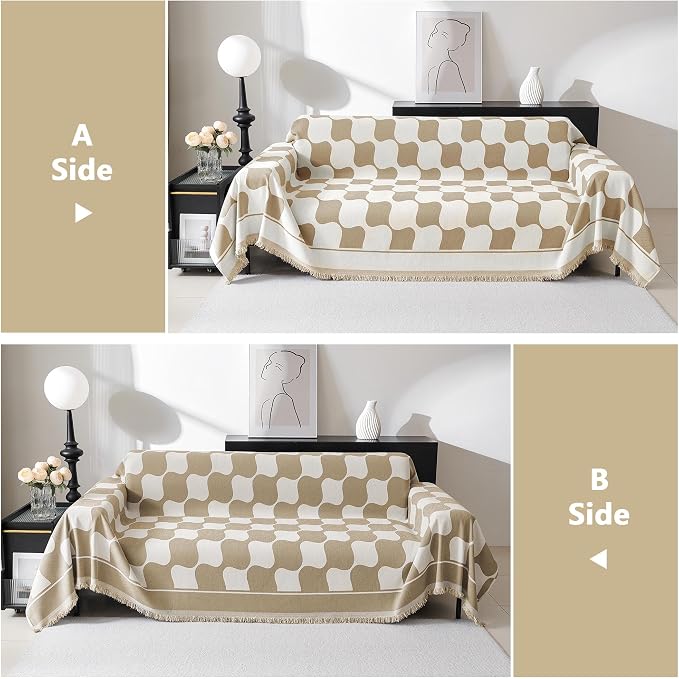 MEETSKY Couch Cover Modern Khaki White Plaid Jacquard Sofa Slipcover U Shape Sofa Protector for 3 Cushion Couch Sofa, Chenille Sofa Couch Coverfor Dogs Kids, 91" X134", Khaki Checkerboard - Image 4