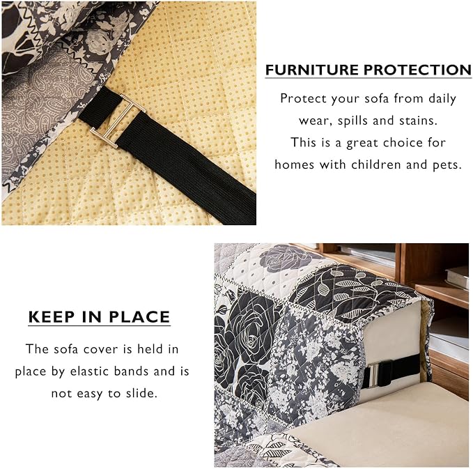 Cmfshape Skidproof Sofa Cover-Grey Rose Sofa Slipcover with Elastic Straps-Easy Fit Slip Cover-Patchwork Washable Furniture Protector for Pets and Kids(Loveseat,Grey) - Image 5