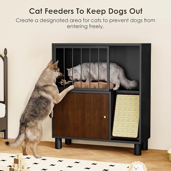 Dog Proof Cat Feeding Station, Metal Cat Feeding Cabinet, Black | Elevated Cat Feeding Station, Pet Food Station with Storage, Cat Bowl Stand, Scratching Board, Stainless Steel Bowls - Image 6