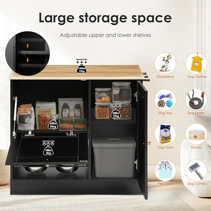 Feeding Station with 2 lockers, pet Feeding Station with 2 Elevated Dog Bowls, Side Hooks, Anti-Tipping kit, Hidden pet Feeding Station for Feeding and Watering, Rattan Door, Black - Image 4