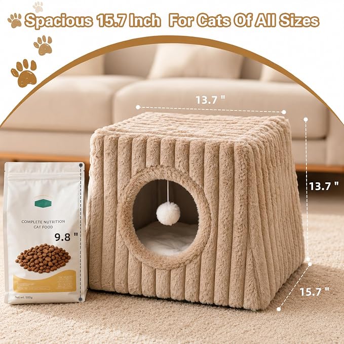 Dogpals Indoor Cat House - Large Cat Cave Bed with Fluffy Balls, Foldable Cat Bed Cave and Apartment with Pads, Suitable for Multiple Small and Large Cats, 15.74x13.7x13.7inches (Khaki, Large) - Image 4