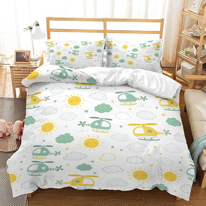 AILONEN Air Flight Queen Duvet Cover Set 3 Piece, Sunshine Helicopter Printed Bedding with 2 Pillowcases, Microfiber Zipper Closure, Adult Family Bedroom by AILONEN