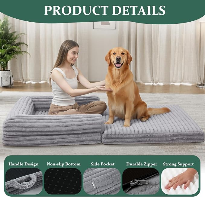 Human Dog Bed for Adults, Foldable Human Size Dog Bed | 2-in-1 Large Pet Sofa with Bolster, Orthopedic Egg Crate Foam, Calming Fluffy Pet Couch, Removable Cover, 71"x43"x10", Black - Image 6