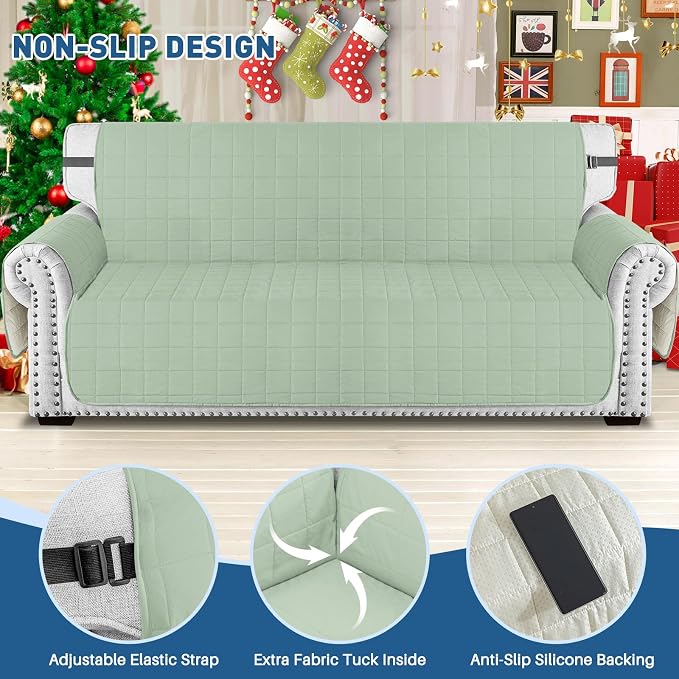 MAXIJIN Waterproof Love Seat Couch Covers 2 Cushion Sofa, 49" Quilted Loveseat Cover Slipcovers for Pets Dog Couch Cover Protector with Elastic Strap & Side Pocket (Loveseat, Mint Green) - Image 4