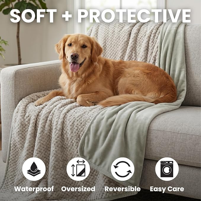 Waterproof Dog Blanket for Cats & Dogs, Washable Couch Cover, Reversible Furniture Protector Blanket, Large Soft Sherpa Fleece, Couch Protector, Pet Throw Blankets, 60" x 70" - Image 2