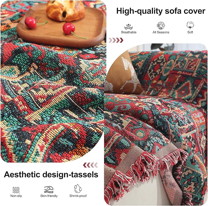 ROOMLIFE Aztec Boho Couch Cover Blanket Sofa Covers for Loveseat 2/3 Cushion Couches, Pet-Friendly Washable Anti-Slip Sofa Slipcovers Furniture Protector with Tassels,Farmhouse Home Decor 71'' X134'' - Image 3