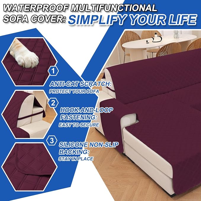 Waterproof Sectional Couch Covers for Dogs, Reversible L Shaped Couch Cover, Sectional Couch Covers L Shape for Pets Dog Cat, Quilted Sofa Covers Washable Sectional (Large, Burgundy) - Image 6