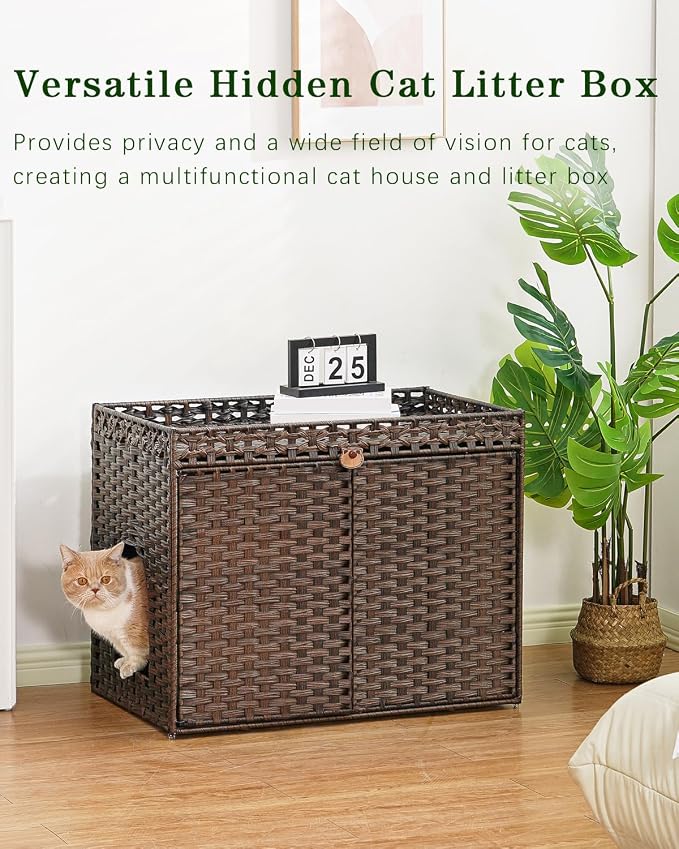 SETVSON Cat Litter Box Enclosure Furniture, Handwoven Rattan Hidden Litter Box with Mat, Large Space Cat House with 2 S-Shaped Hooks, 30.3 x 18.3 x 24.4 Inches, Indoor for Living Room Apartment Brown - Image 7