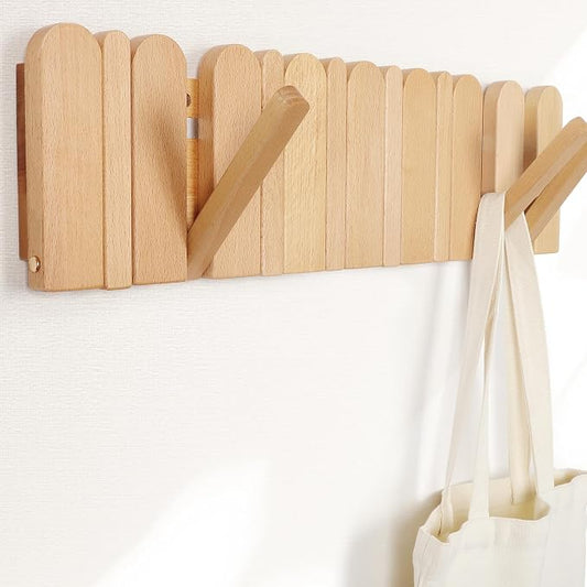 Wall Coat Rack for Entryway: Folding Wood Modern Heavy Duty 8 Hooks | 21.6'' Wall Mounted for Boho Home Decor Bathroom Bedroom Hallway for Hanging Towel Jacket Backpack Bag by KYIAANY