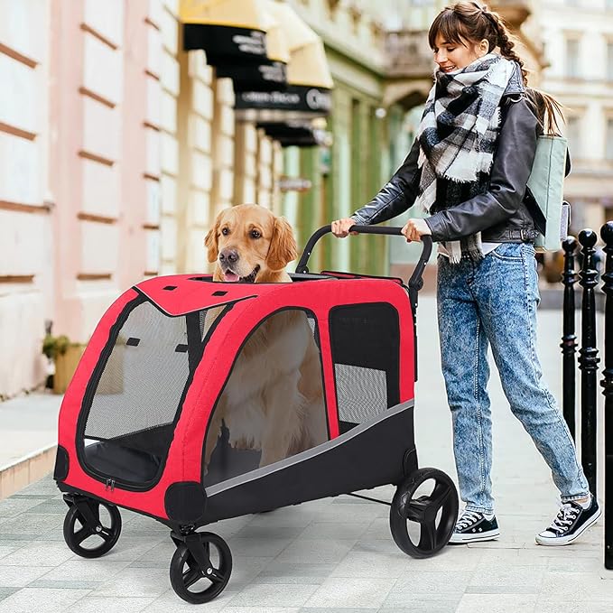 Stroller for Large Dogs, Extra Large Pet Stroller for Medium 2 Dogs, Dog Wagon, Dog Carriage, Foldable Design, Adjustable Handle, with Pocket, Up to 160 lbs, Red