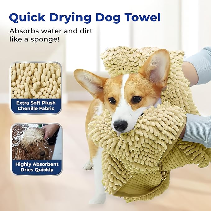 Muddy Mat Doggy Dryer, Highly Absorbent Microfiber Washable Dog Shammy Quick Drying Towel Absorber - Extra Soft Plush Wrap Chenille Bath Towels to Dry Soggy Large Pets & Small Puppy-Beige 15"x38" - Image 2