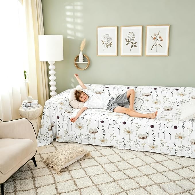 Erosebridal Watercolor Floral Couch Cover Brown Beige Flower Sofa Cover Modern Minimalist White Couch Protector 91" X 134" Rustic Farmhouse Washable Non Slip Sofa Protector for Couches and Sofas - Image 4